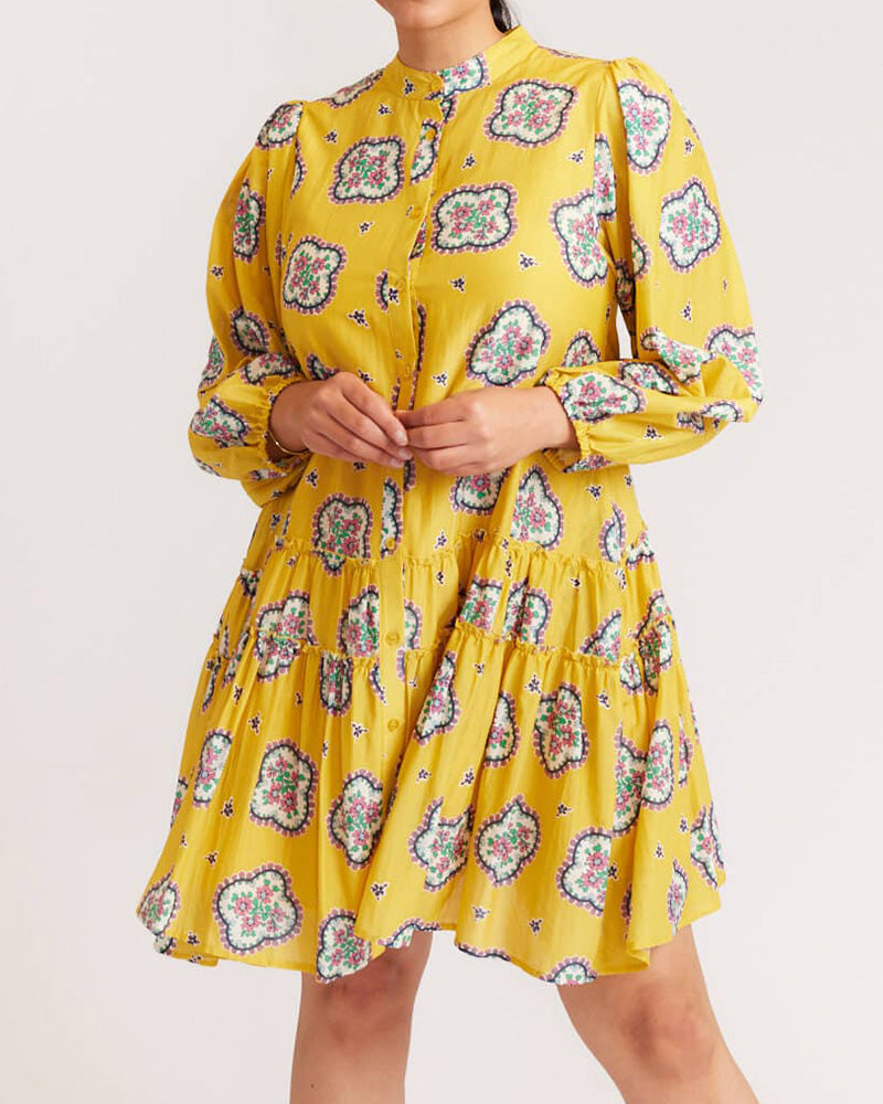 Cropped Sleeve Printed Loose Pleated Dress