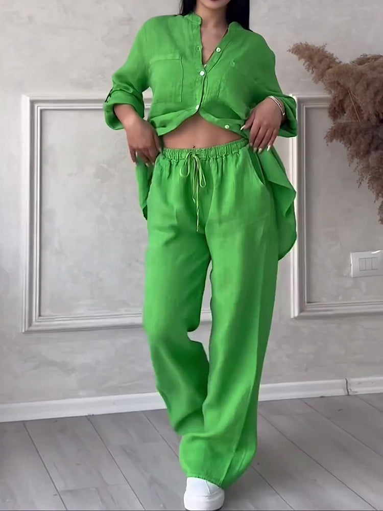 Commute Comfort Long Sleeve Shirt & Lace Up Pants Two-piece Set