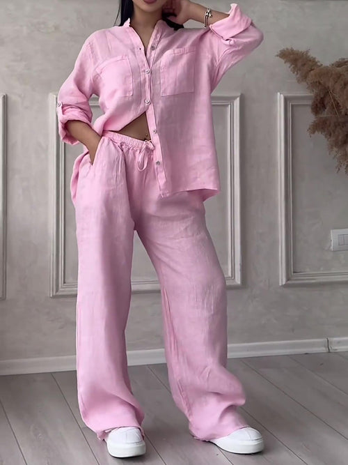 Commute Comfort Long Sleeve Shirt & Lace Up Pants Two-piece Set