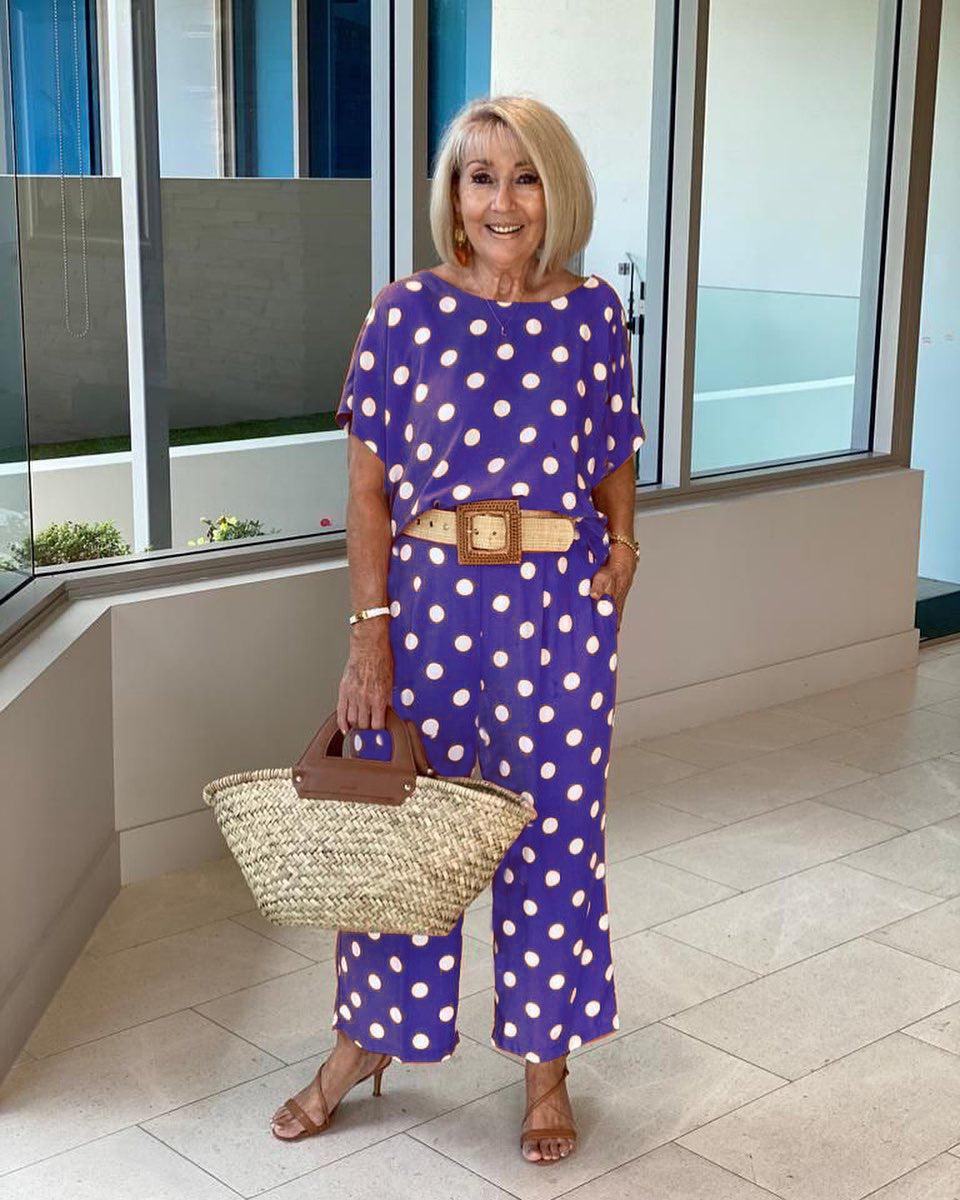 Polka Dot short Sleeve Top and Trousers Two-Piece Set