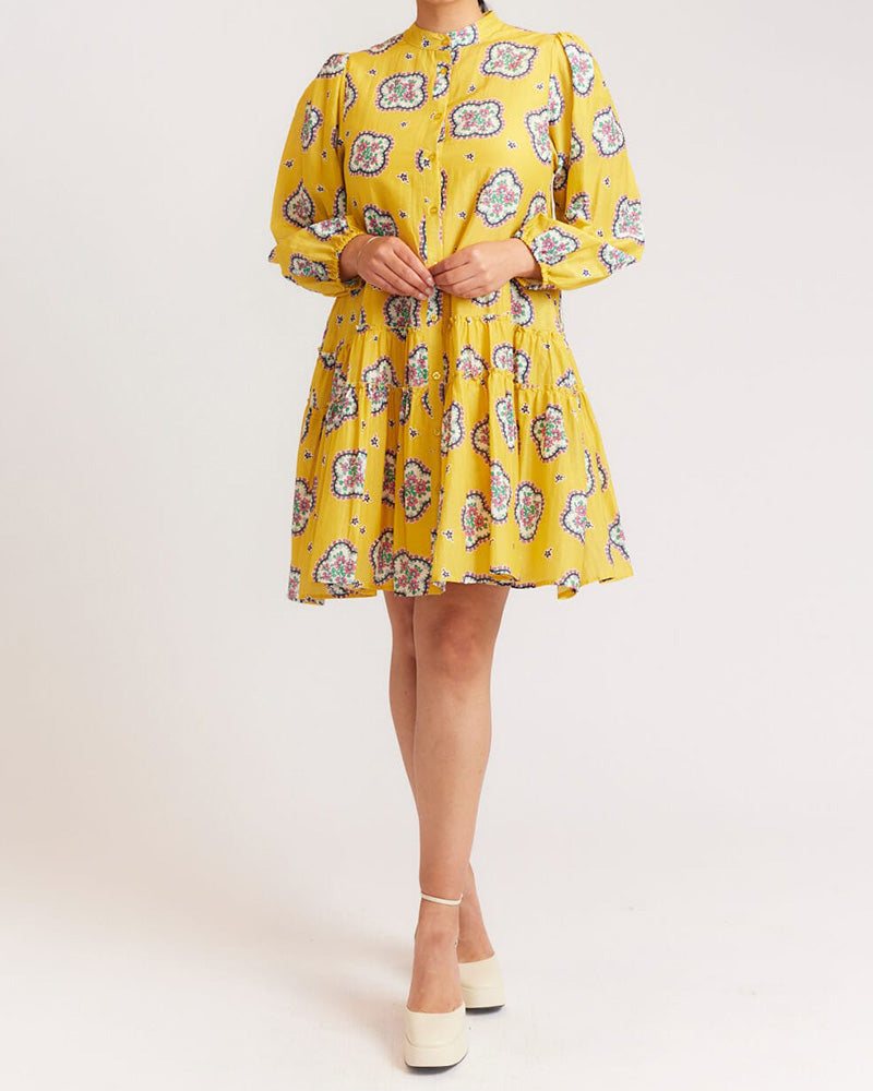 Cropped Sleeve Printed Loose Pleated Dress