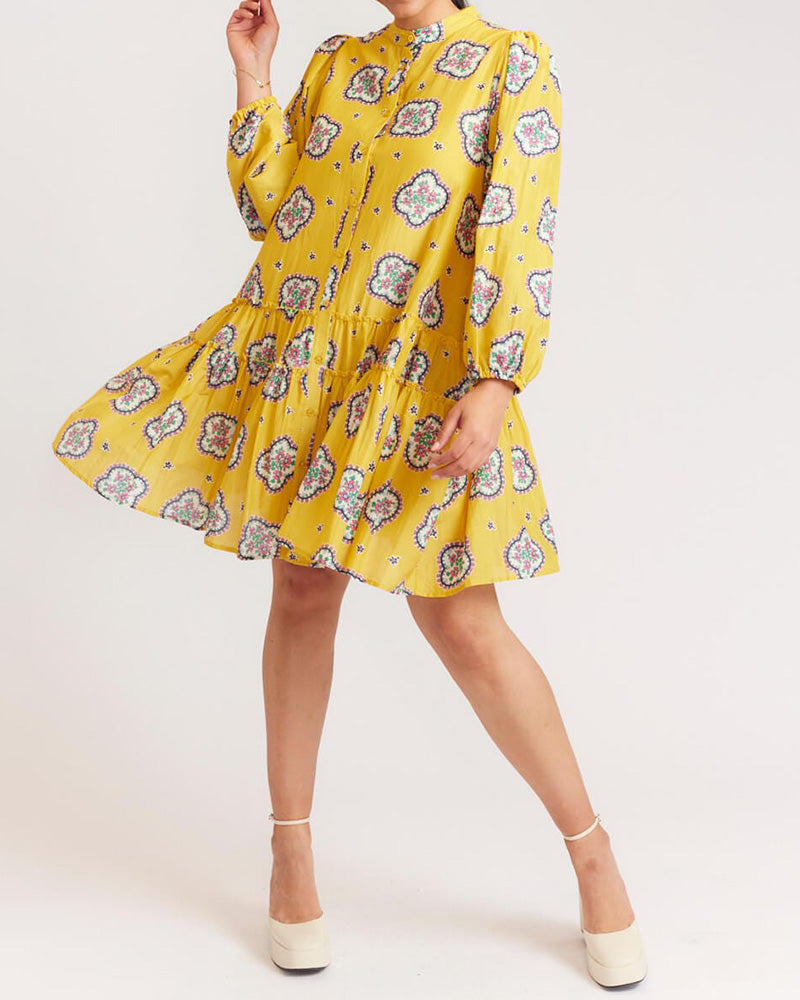 Cropped Sleeve Printed Loose Pleated Dress