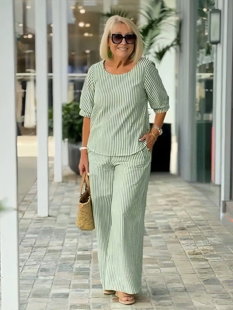 Round-neck short-sleeved striped suit for women