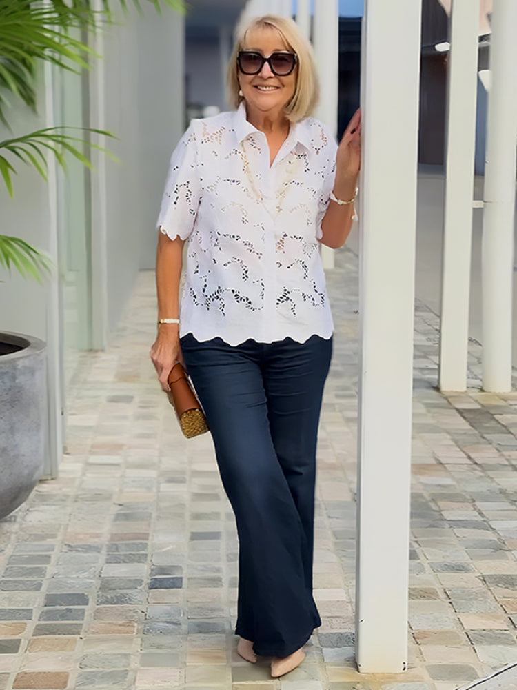 Lapel Short Sleeve Hollow Lace Shirt