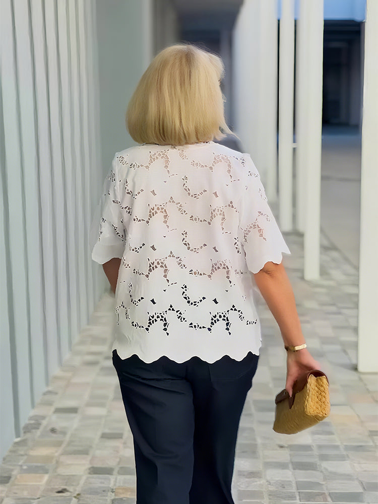Lapel Short Sleeve Hollow Lace Shirt