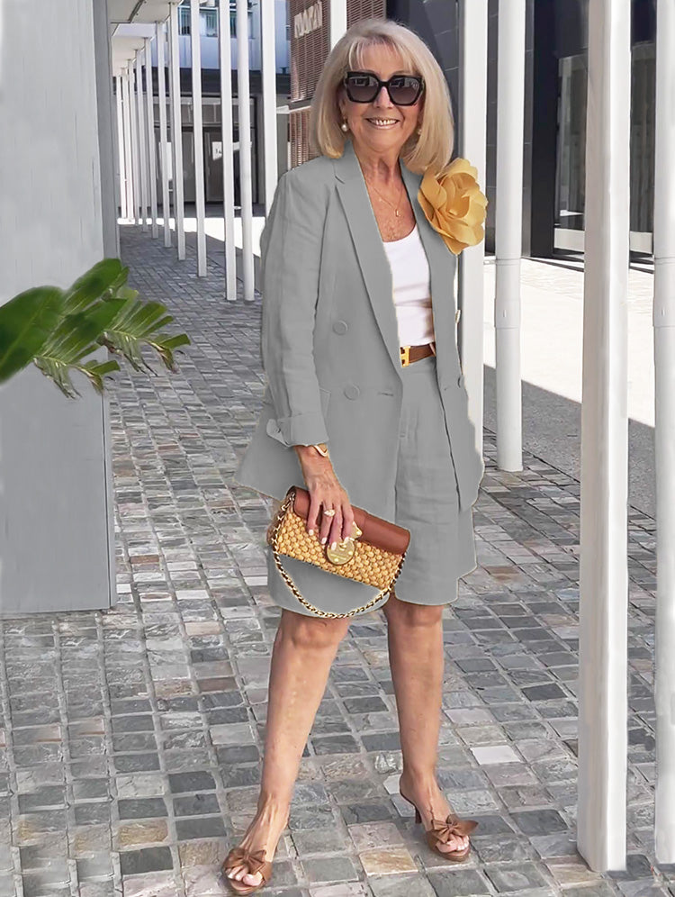Stylish Lapel Collar Suit Shorts Two-piece Blazer Coat(Detachable floral accessories)