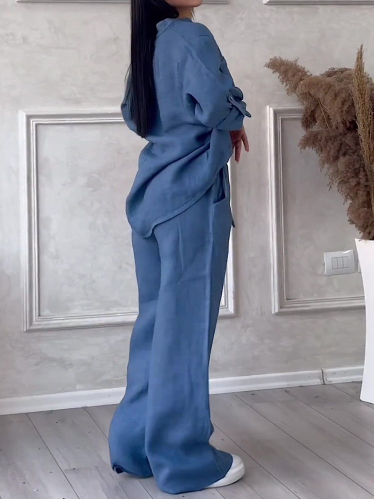 Commute Comfort Long Sleeve Shirt & Lace Up Pants Two-piece Set