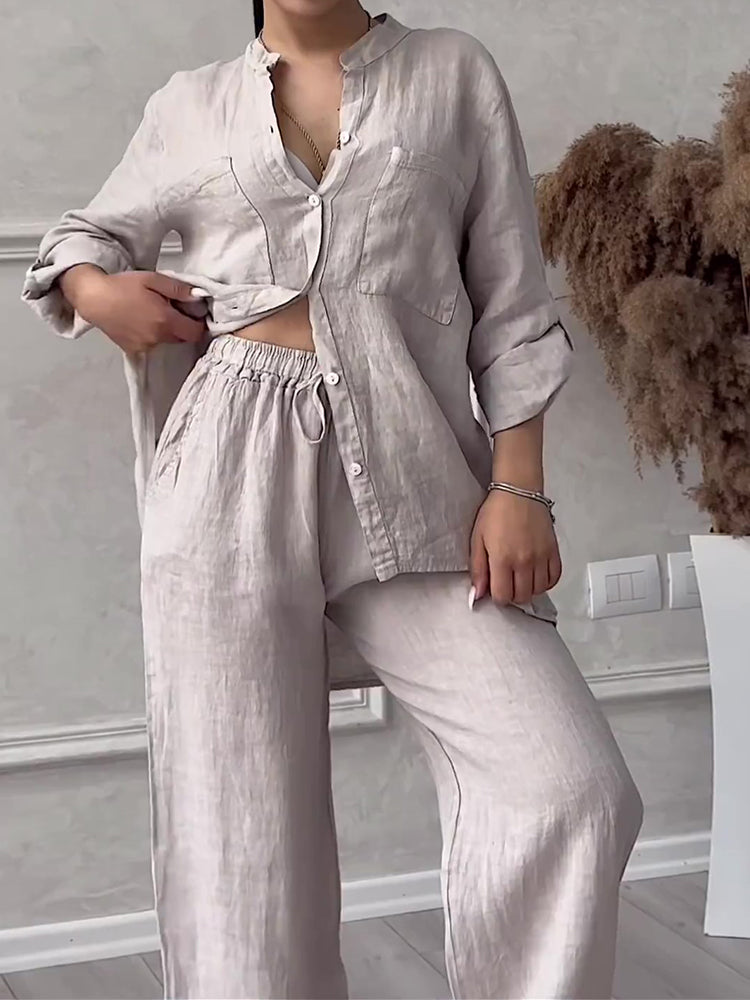 Commute Comfort Long Sleeve Shirt & Lace Up Pants Two-piece Set