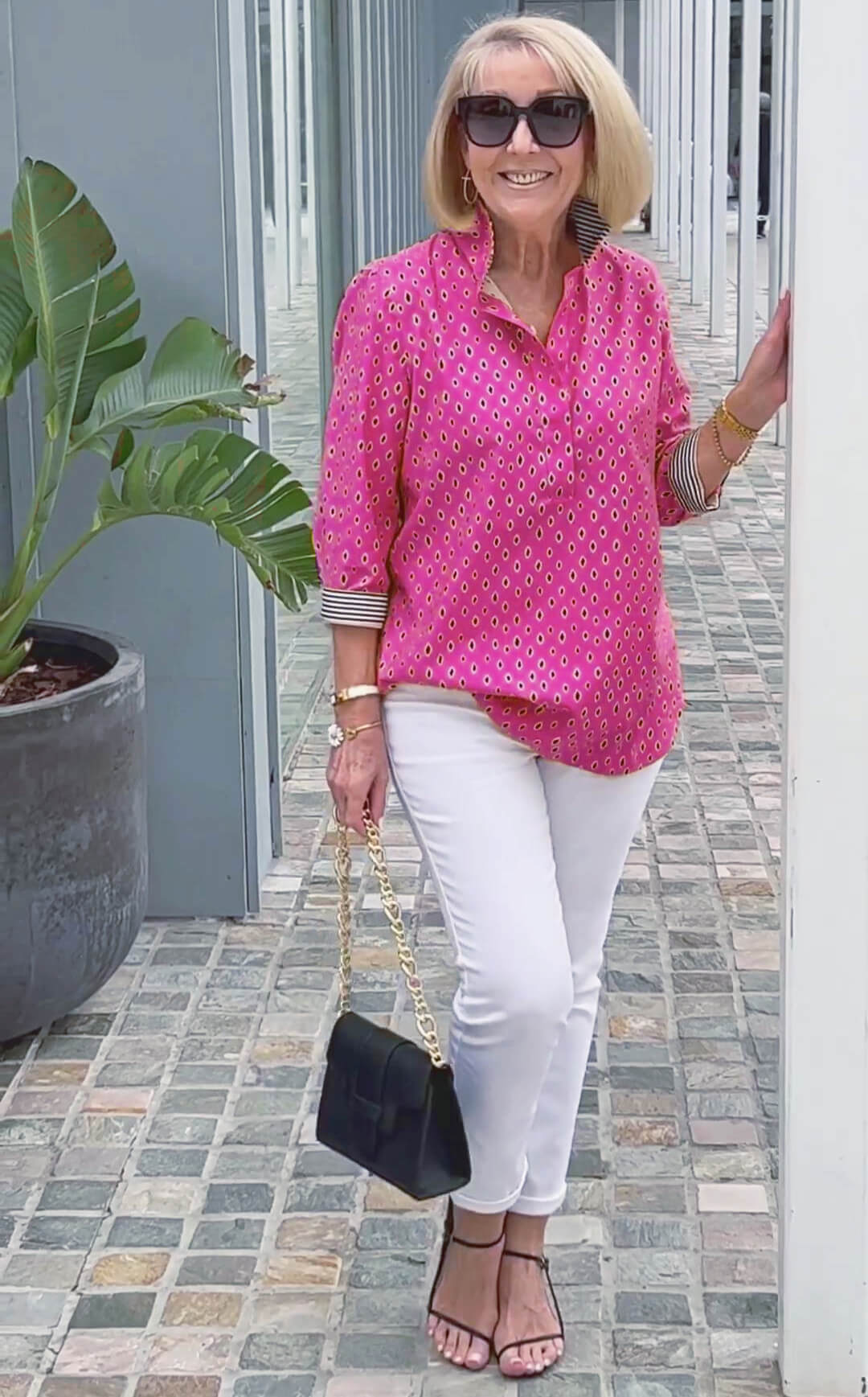 Printed Standing Collar 3/4 Sleeve Shirt Top Set