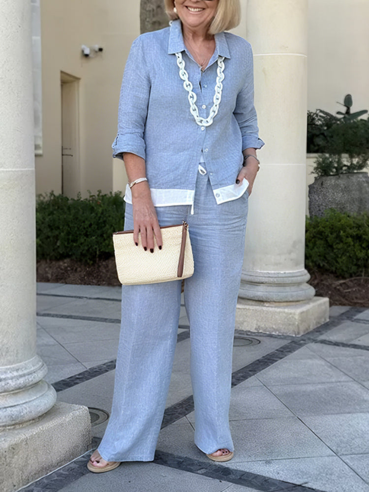 2-Piece Blue Color Block Shirt and Pants Suit