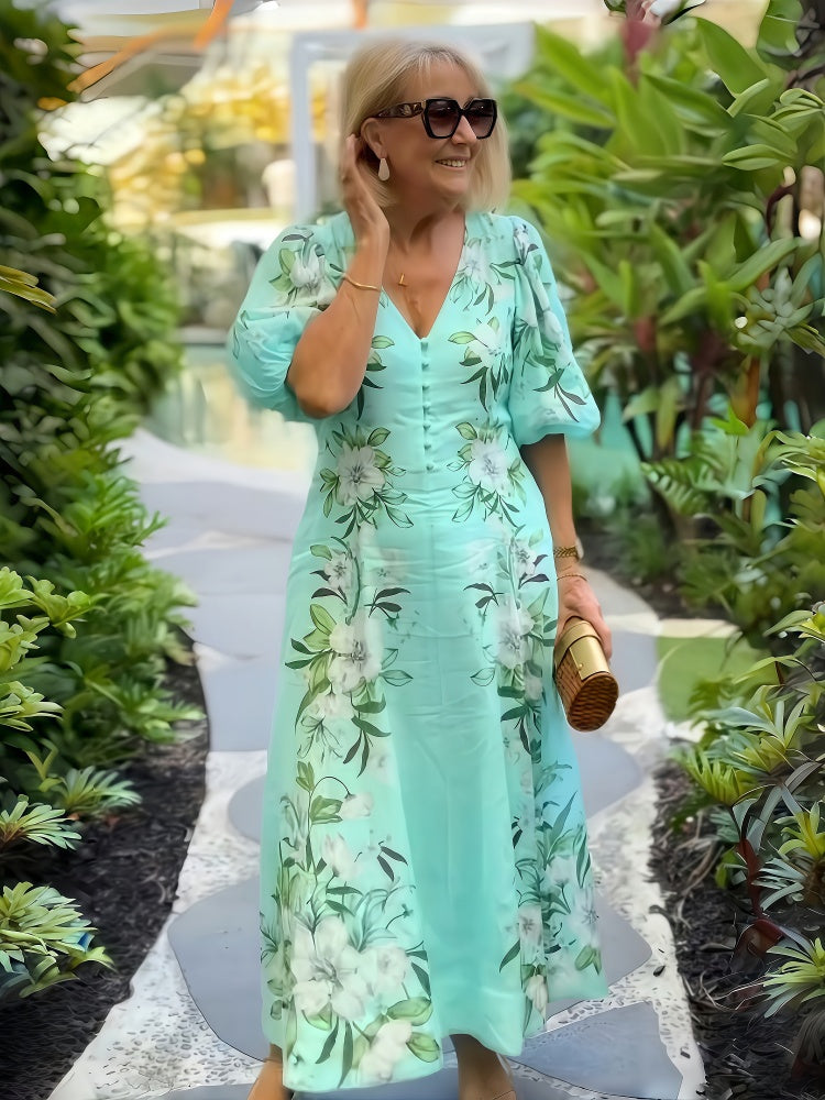 V-Neck Floral Print Tunic-Length Dress