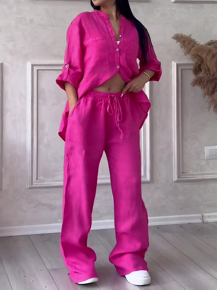 Commute Comfort Long Sleeve Shirt & Lace Up Pants Two-piece Set