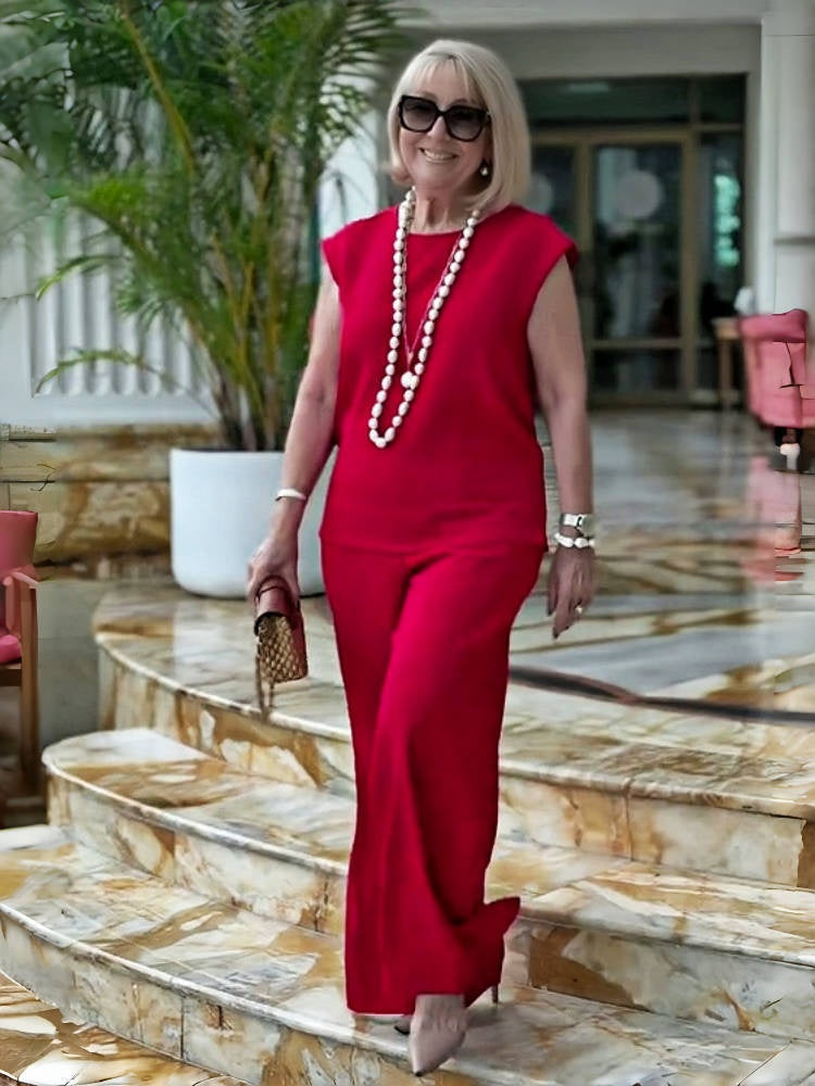 2-Piece Elegant Solid Color Top & Wide Leg Pants Set