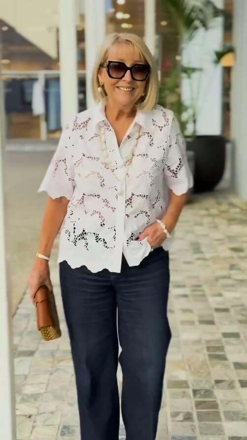 Lapel Short Sleeve Hollow Lace Shirt