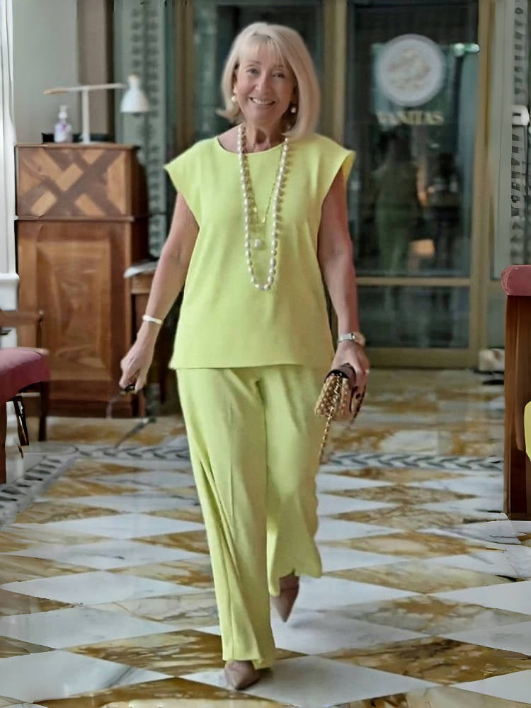 2-Piece Elegant Solid Color Top & Wide Leg Pants Set