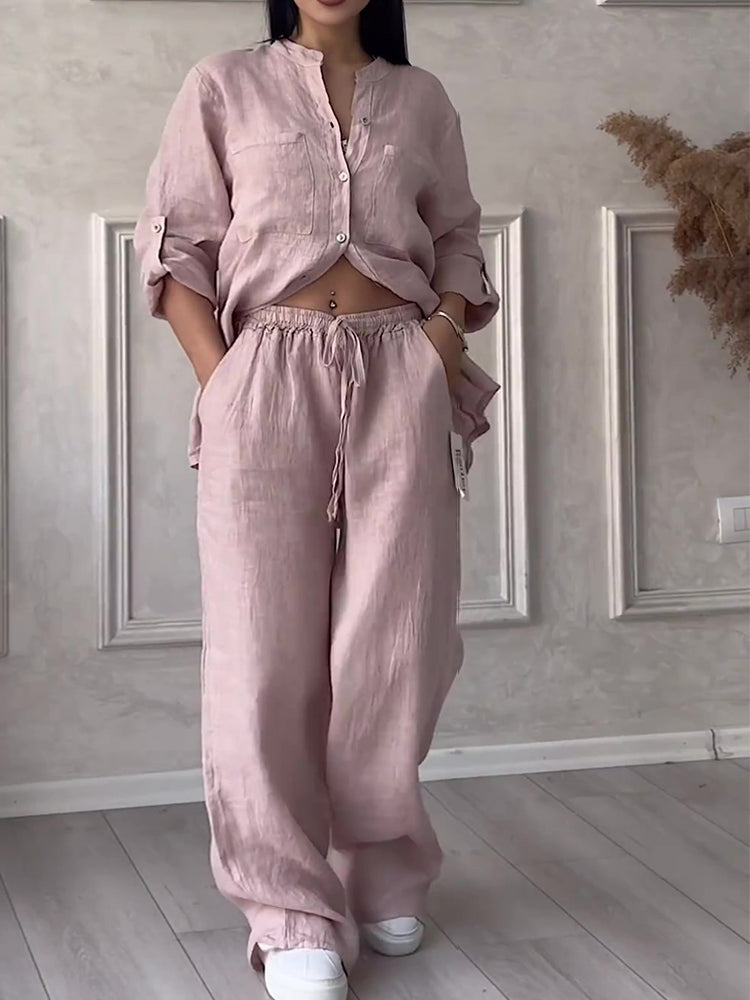 Commute Comfort Long Sleeve Shirt & Lace Up Pants Two-piece Set
