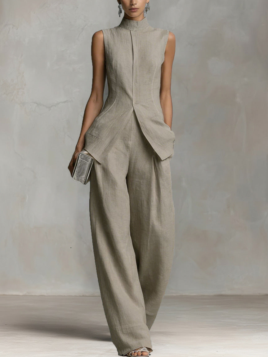 Sleeveless Stand Collar Wide-Leg Two-Piece Set