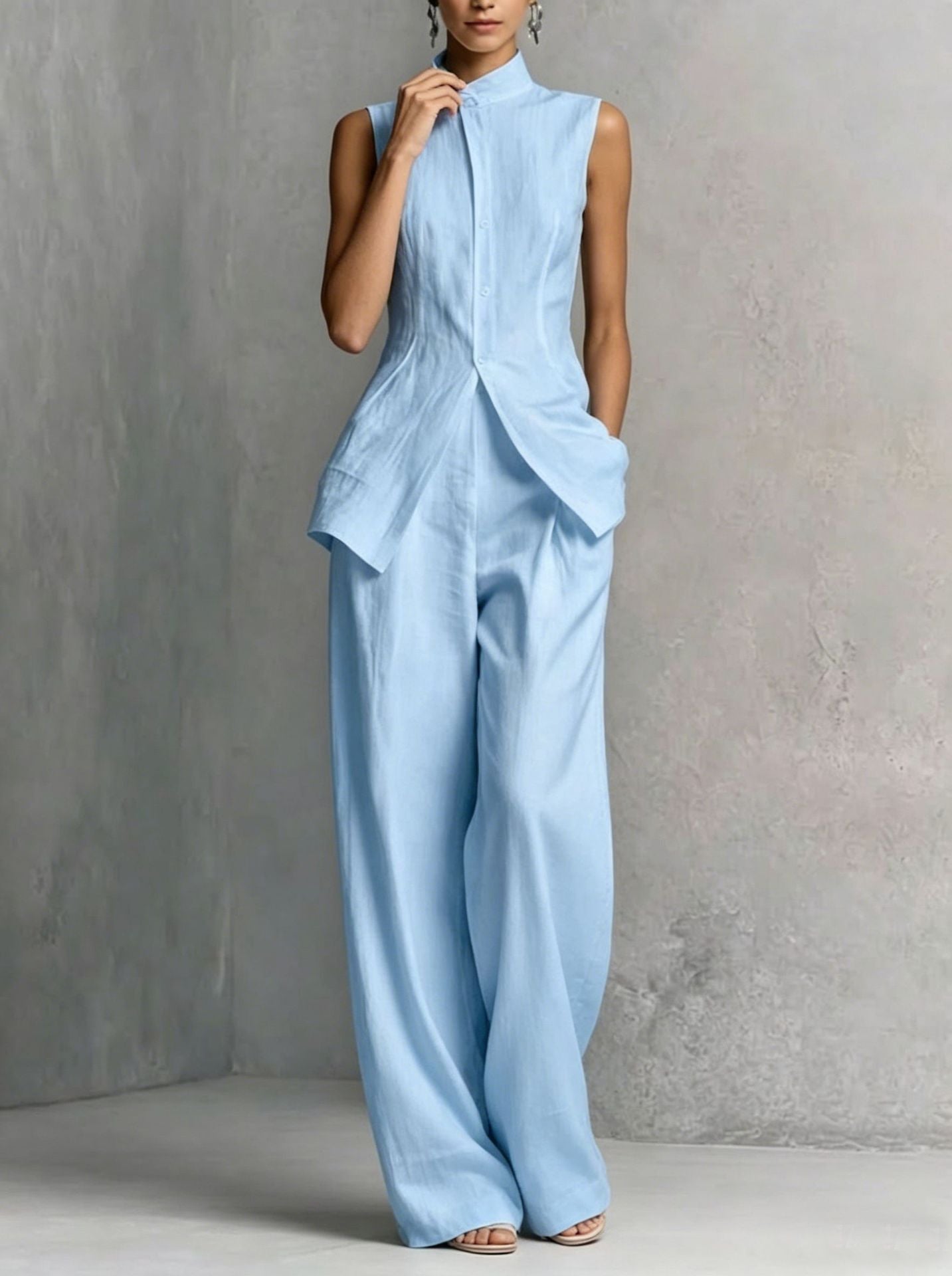 Sleeveless Stand Collar Wide-Leg Two-Piece Set