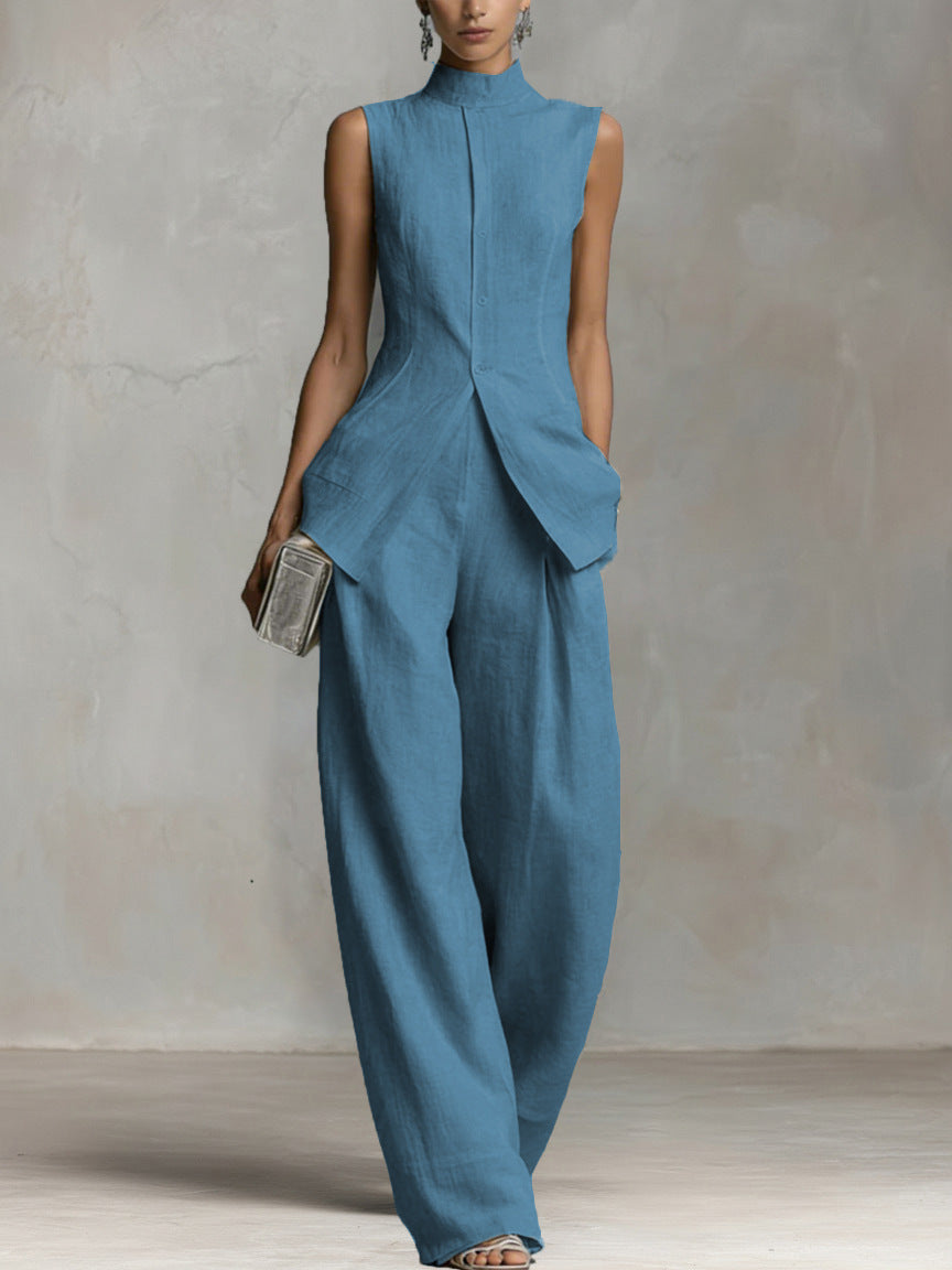 Sleeveless Stand Collar Wide-Leg Two-Piece Set