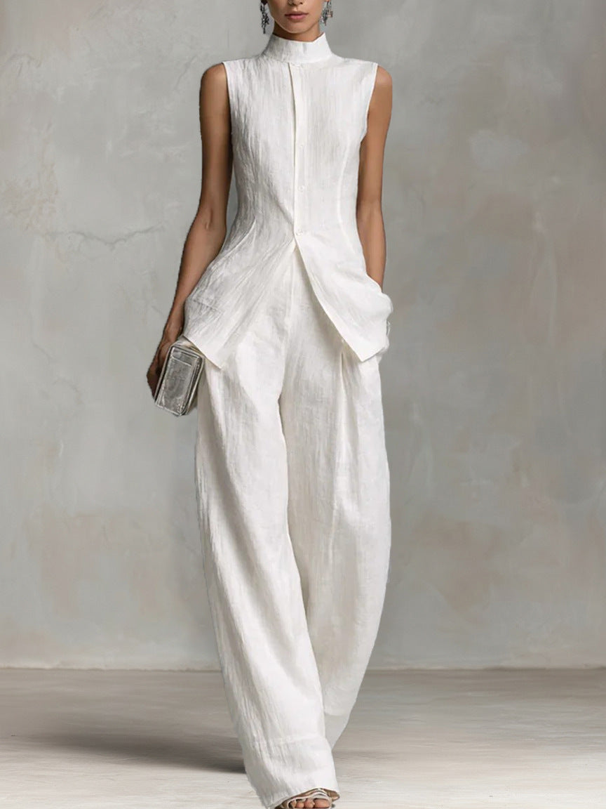 Sleeveless Stand Collar Wide-Leg Two-Piece Set