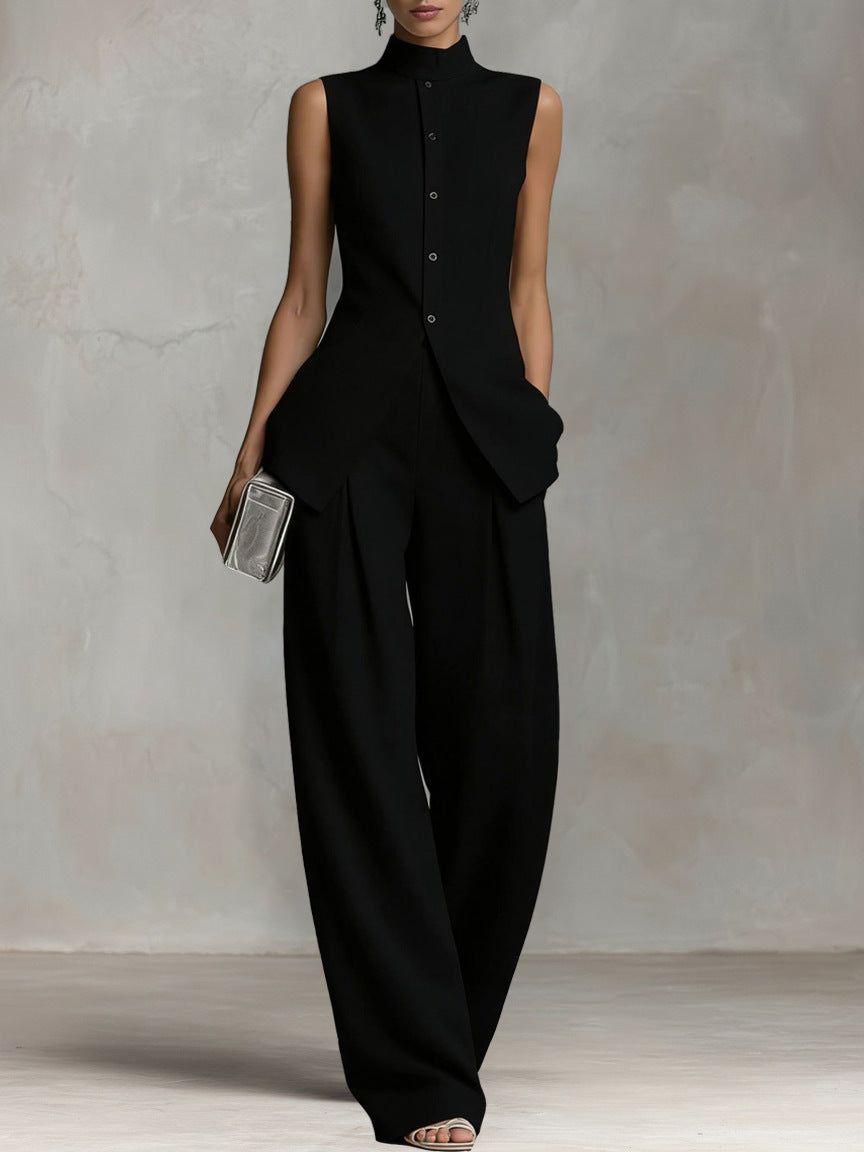 Sleeveless Stand Collar Wide-Leg Two-Piece Set