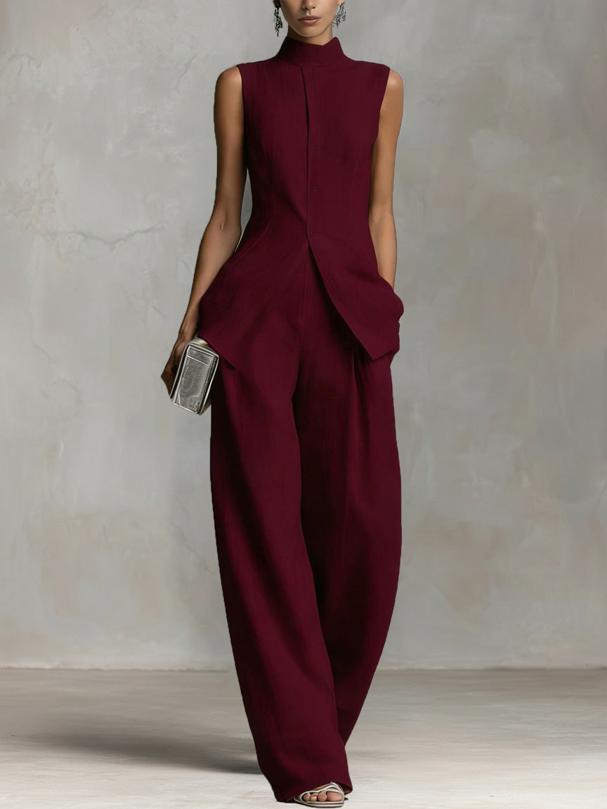 Sleeveless Stand Collar Wide-Leg Two-Piece Set