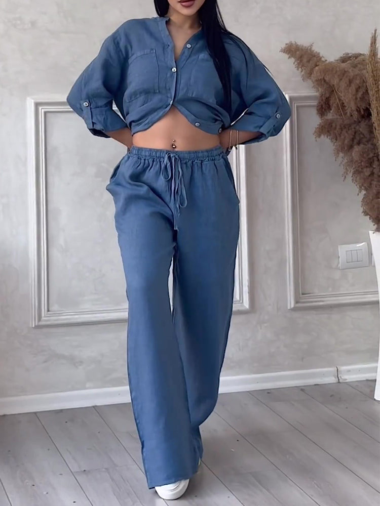 Commute Comfort Long Sleeve Shirt & Lace Up Pants Two-piece Set