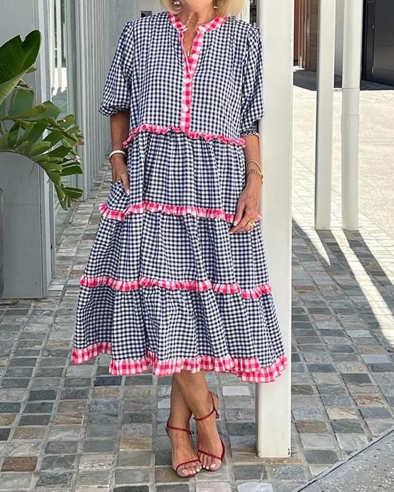 Plus Size Seven Sleeve Plaid Boho Beach Tunic Dresses