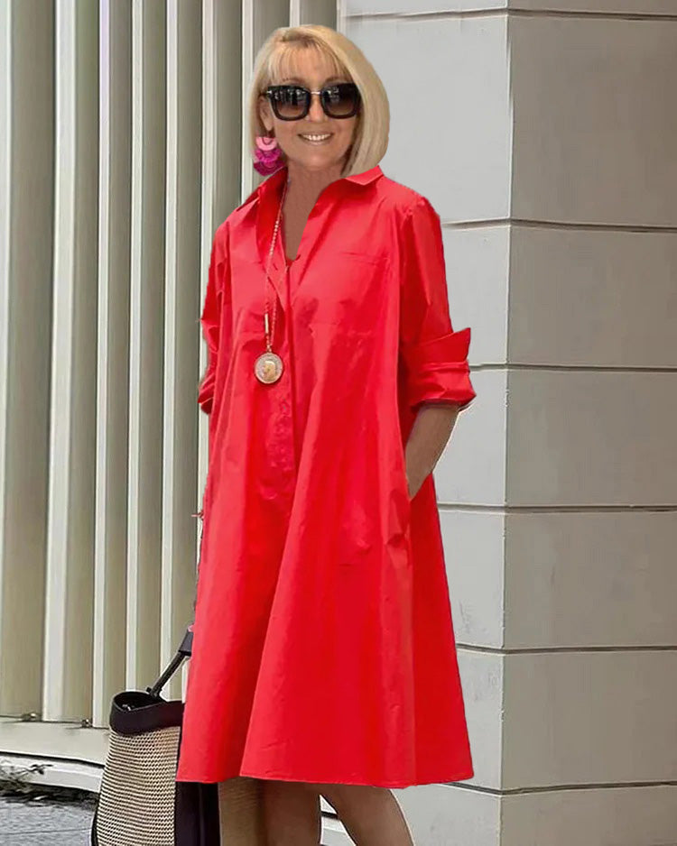 Spring-Summer New Type Fashion Temperament Shirt Collar Long Sleeve Pocket Mid-Length Dress