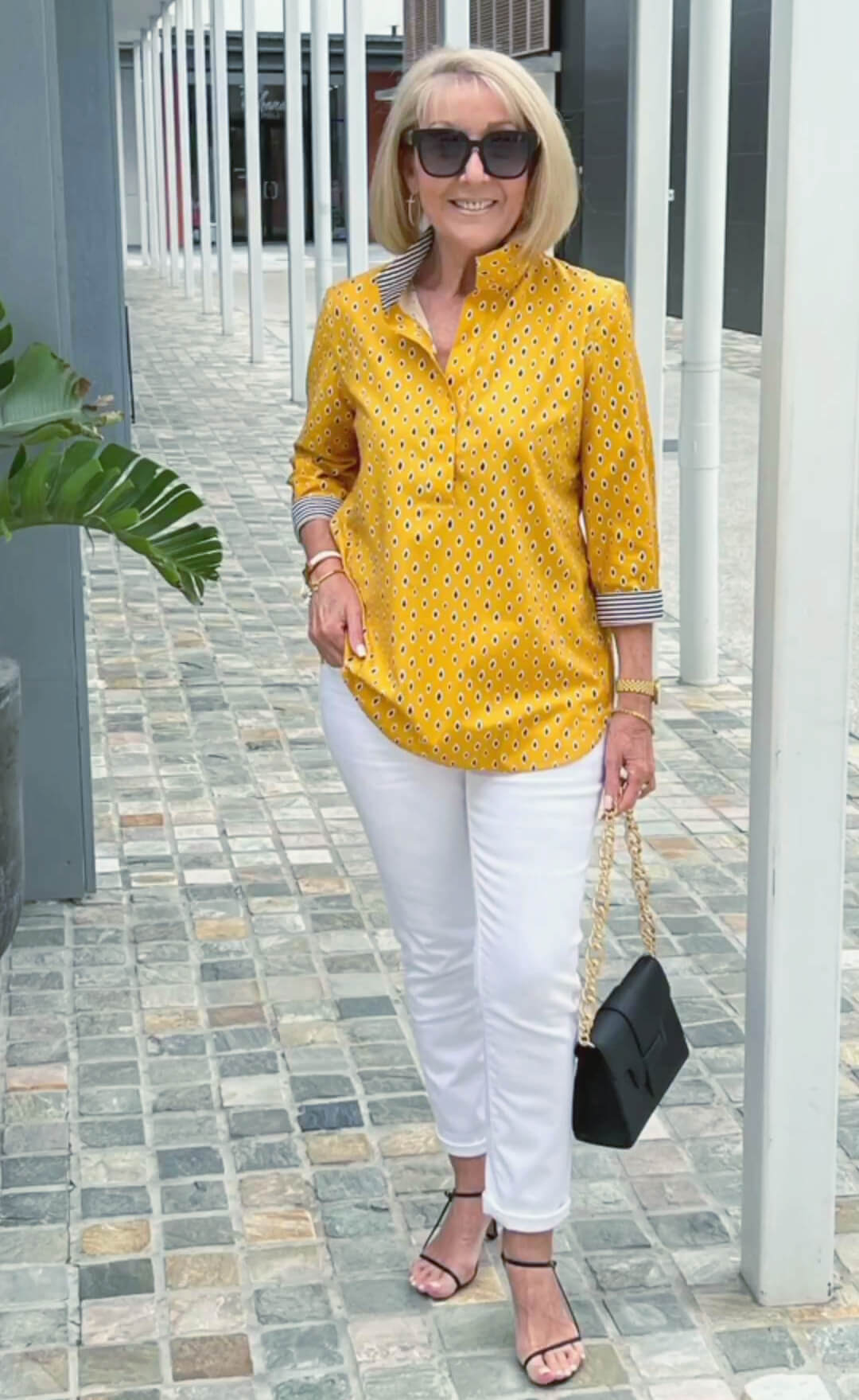 Printed Standing Collar 3/4 Sleeve Shirt Top Set