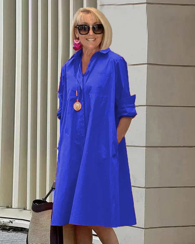 Spring-Summer New Type Fashion Temperament Shirt Collar Long Sleeve Pocket Mid-Length Dress