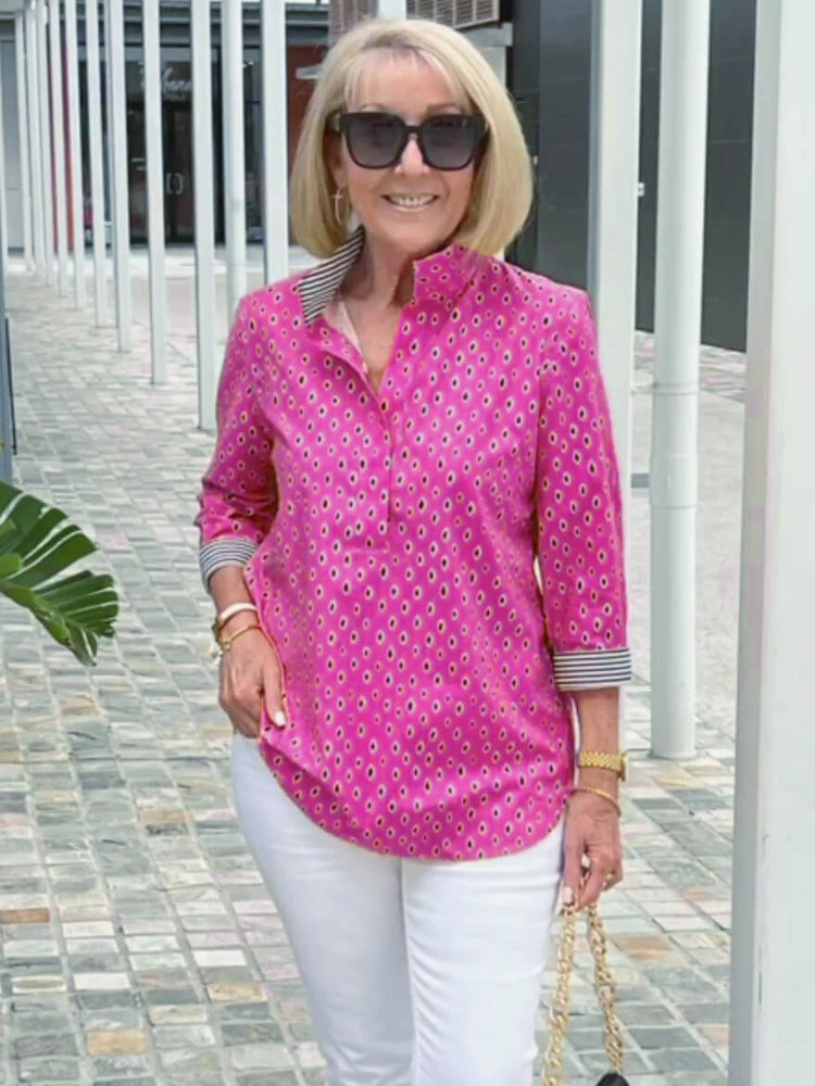 Printed Standing Collar 3/4 Sleeve Shirt Top Set