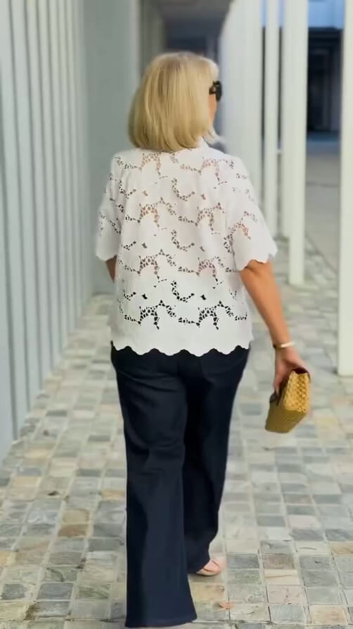 Lapel Short Sleeve Hollow Lace Shirt