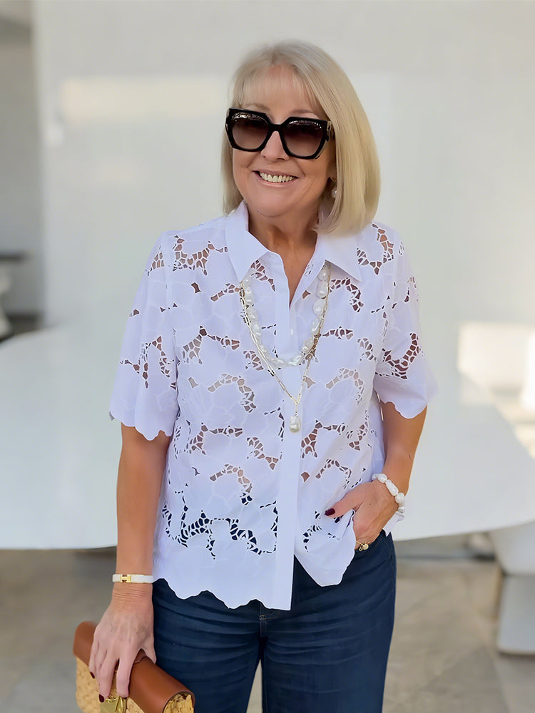 Lapel Short Sleeve Hollow Lace Shirt