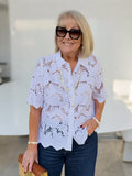 Lapel Short Sleeve Hollow Lace Shirt