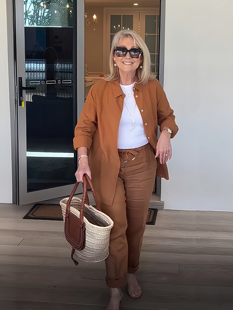 Plus Size Casual Long Sleeve Shirt & Pants Two-piece set