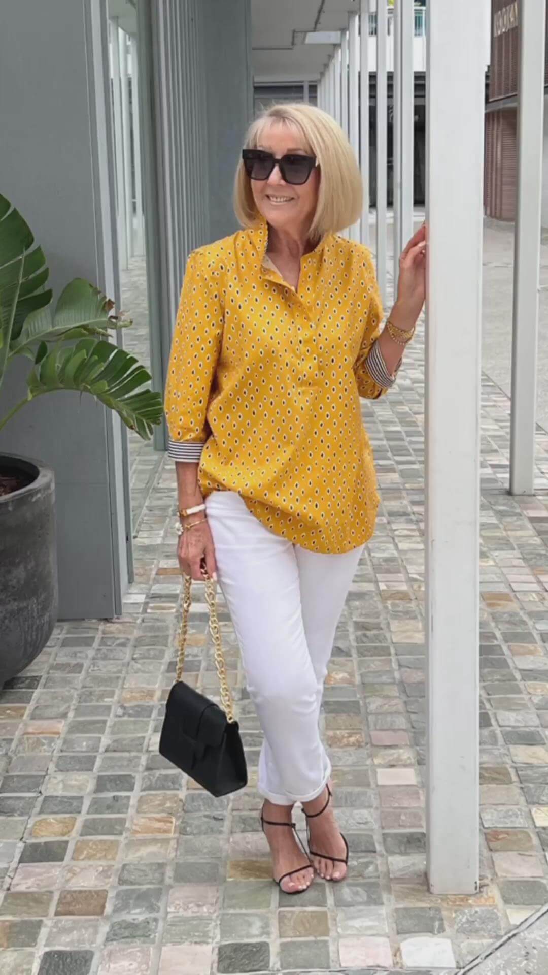 Printed Standing Collar 3/4 Sleeve Shirt Top Set