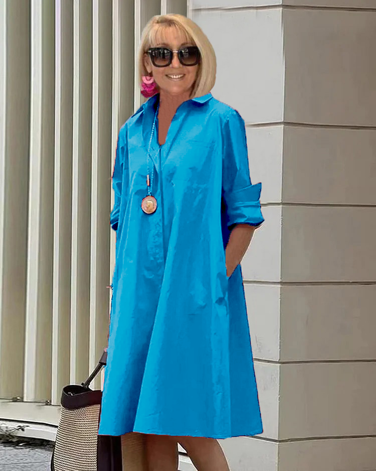 Spring-Summer New Type Fashion Temperament Shirt Collar Long Sleeve Pocket Mid-Length Dress
