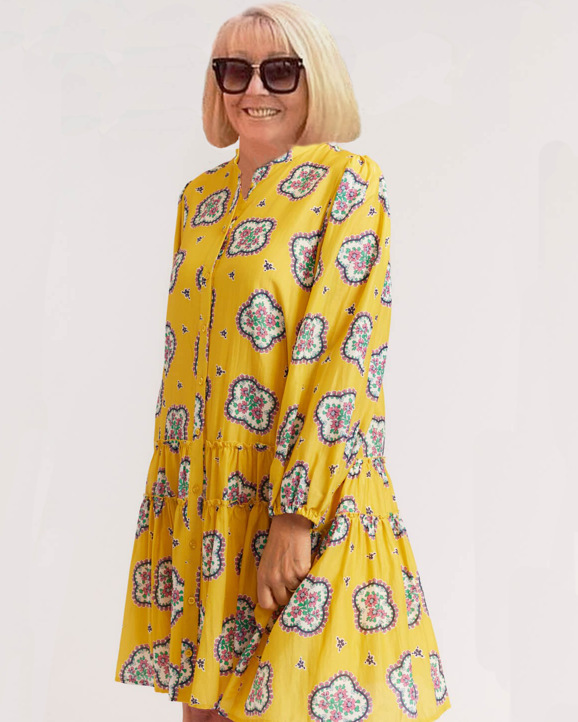 Cropped Sleeve Printed Loose Pleated Dress