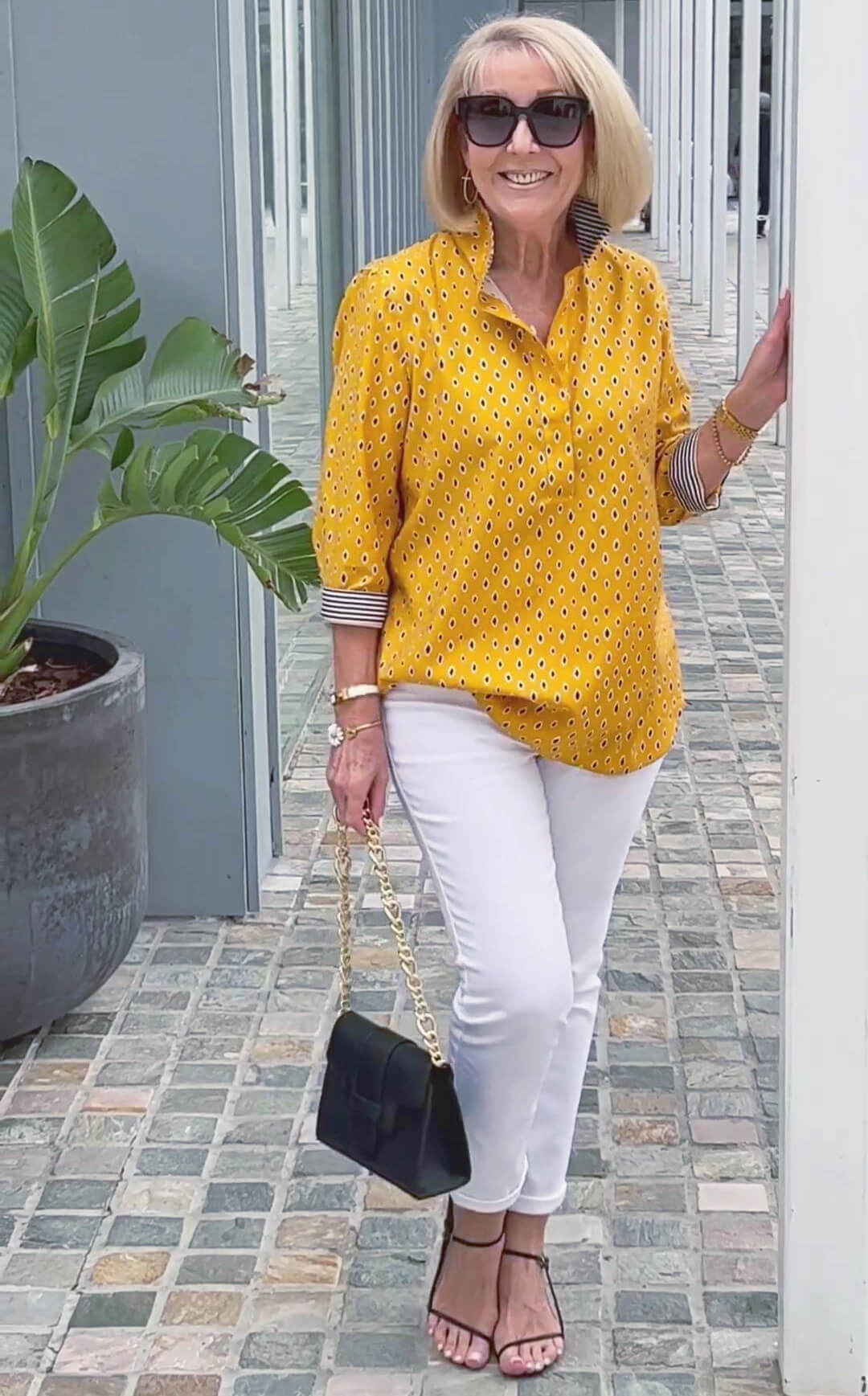 Printed Standing Collar 3/4 Sleeve Shirt Top Set