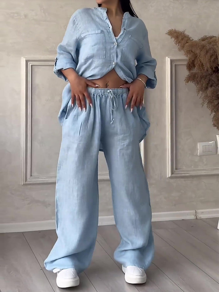 Commute Comfort Long Sleeve Shirt & Lace Up Pants Two-piece Set