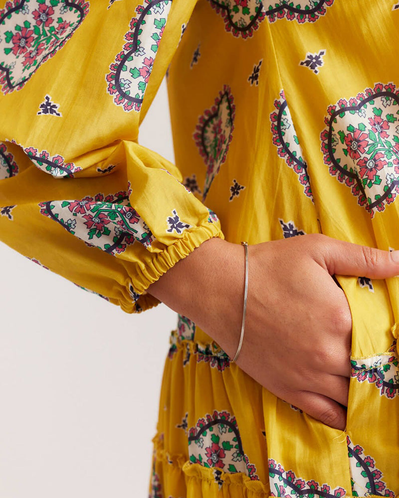 Cropped Sleeve Printed Loose Pleated Dress