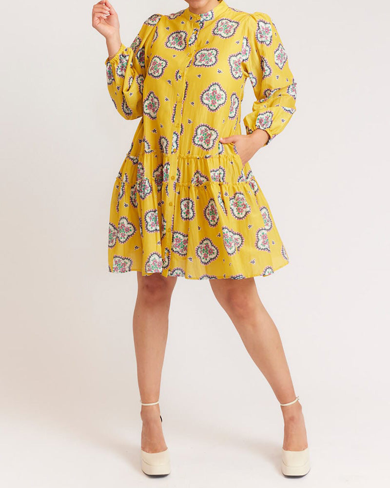 Cropped Sleeve Printed Loose Pleated Dress