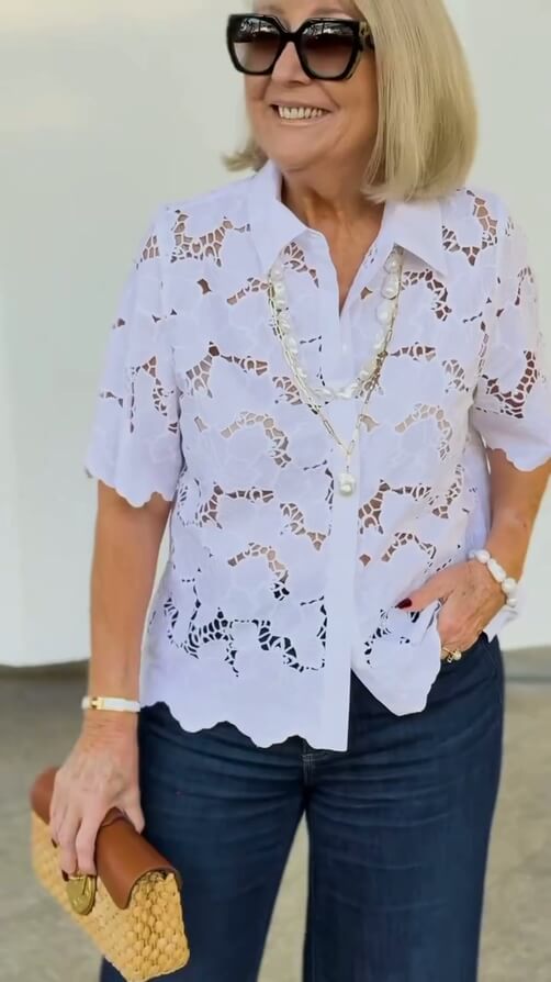 Lapel Short Sleeve Hollow Lace Shirt