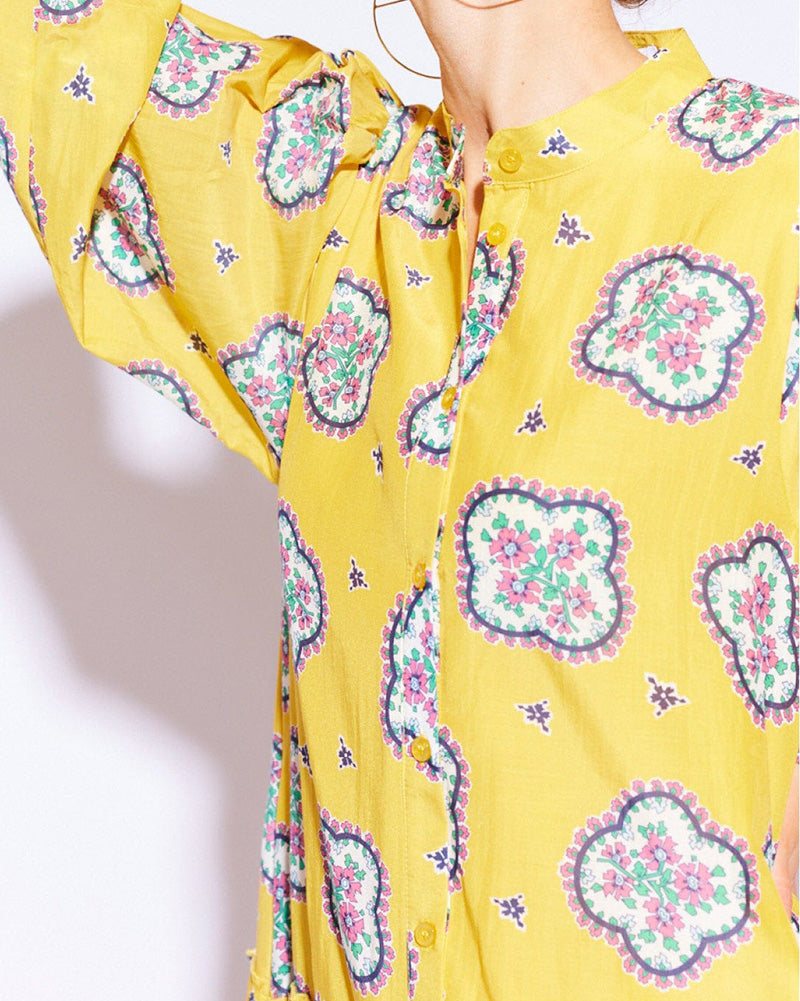 Cropped Sleeve Printed Loose Pleated Dress