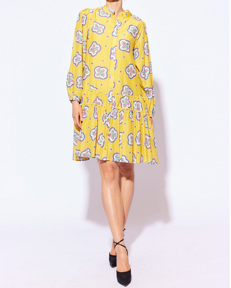 Cropped Sleeve Printed Loose Pleated Dress