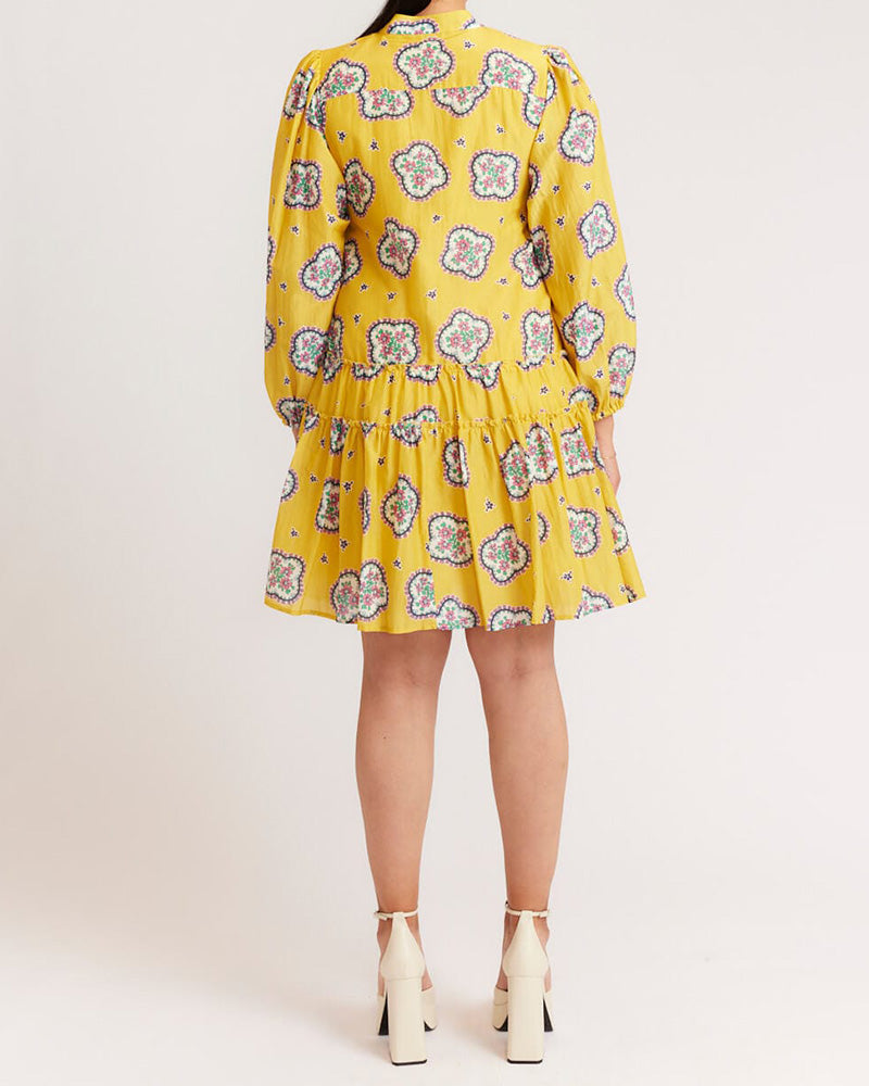 Cropped Sleeve Printed Loose Pleated Dress