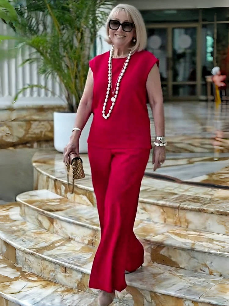 2-Piece Elegant Solid Color Top & Wide Leg Pants Set