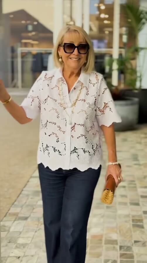 Lapel Short Sleeve Hollow Lace Shirt
